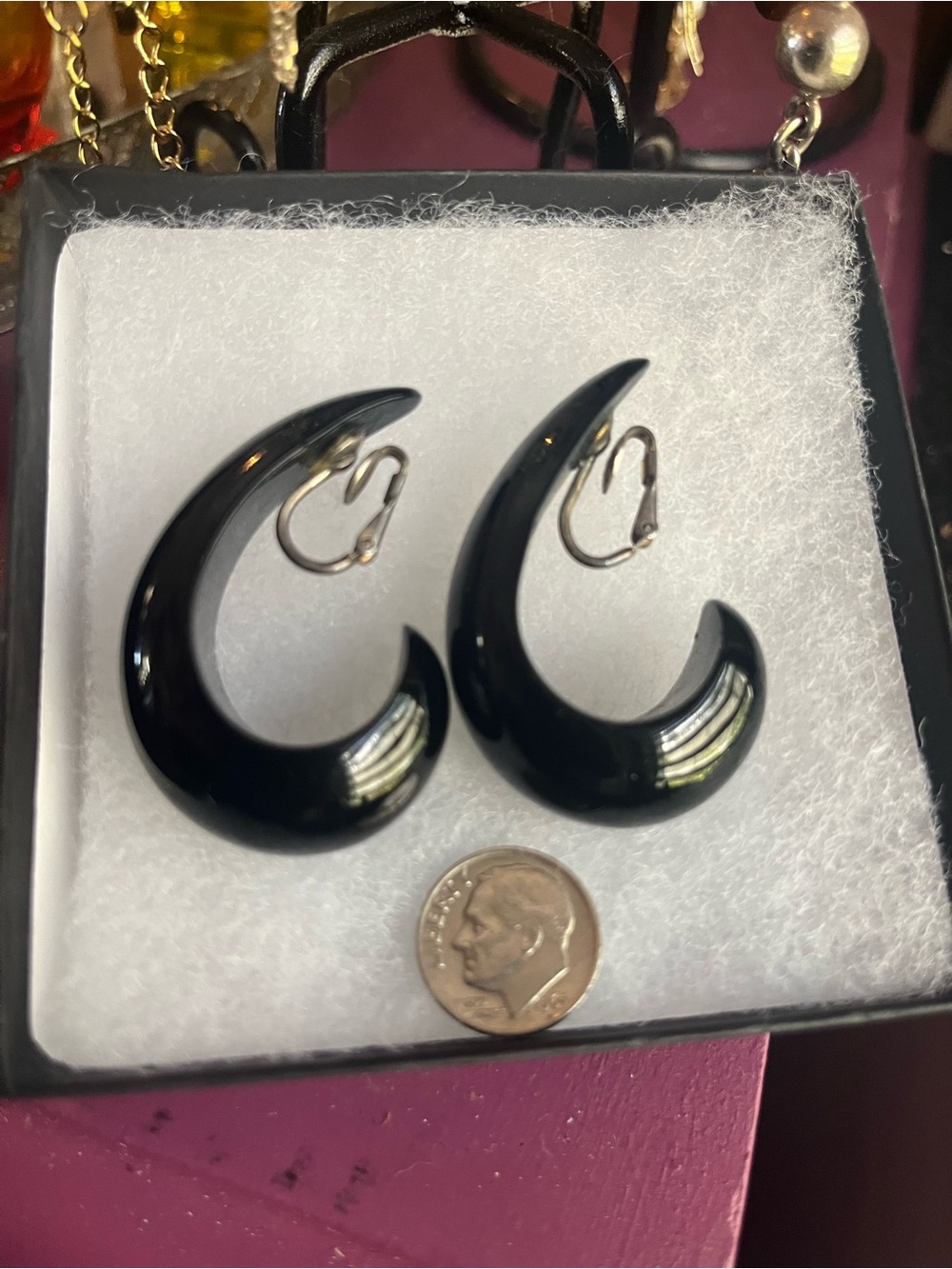 Vintage Black Crescent Hoop clip -on Earrings